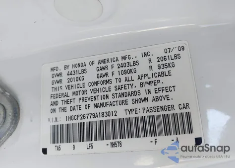 2009 Honda Accord 2.4 Ex из США, поврежденный, VIN 1HGCP26779A183012